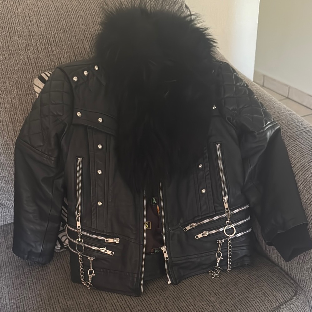 Black Faux Leather Jacket with Fur Collar